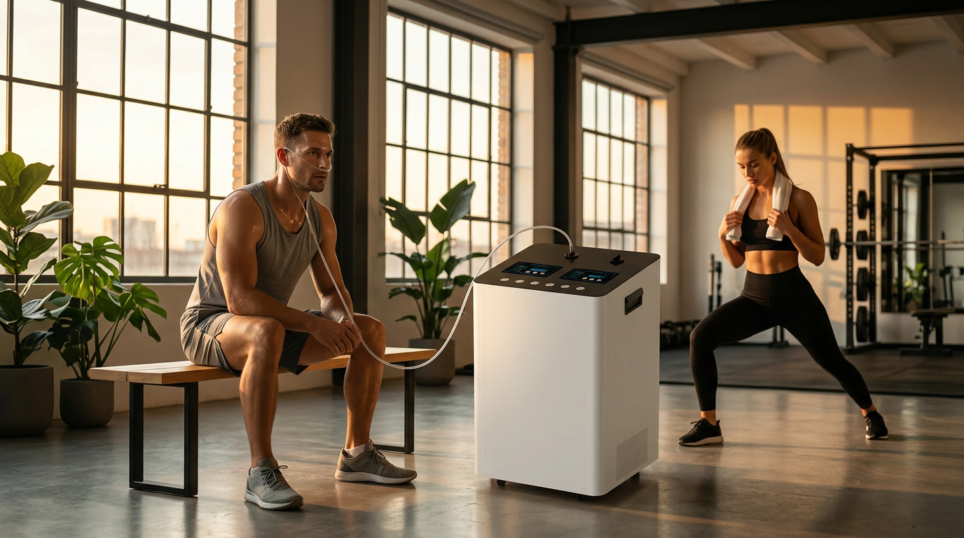 Two athletes recovering after training with the QY-F6000 H6 Pro hydrogen inhaler in a high-performance gym