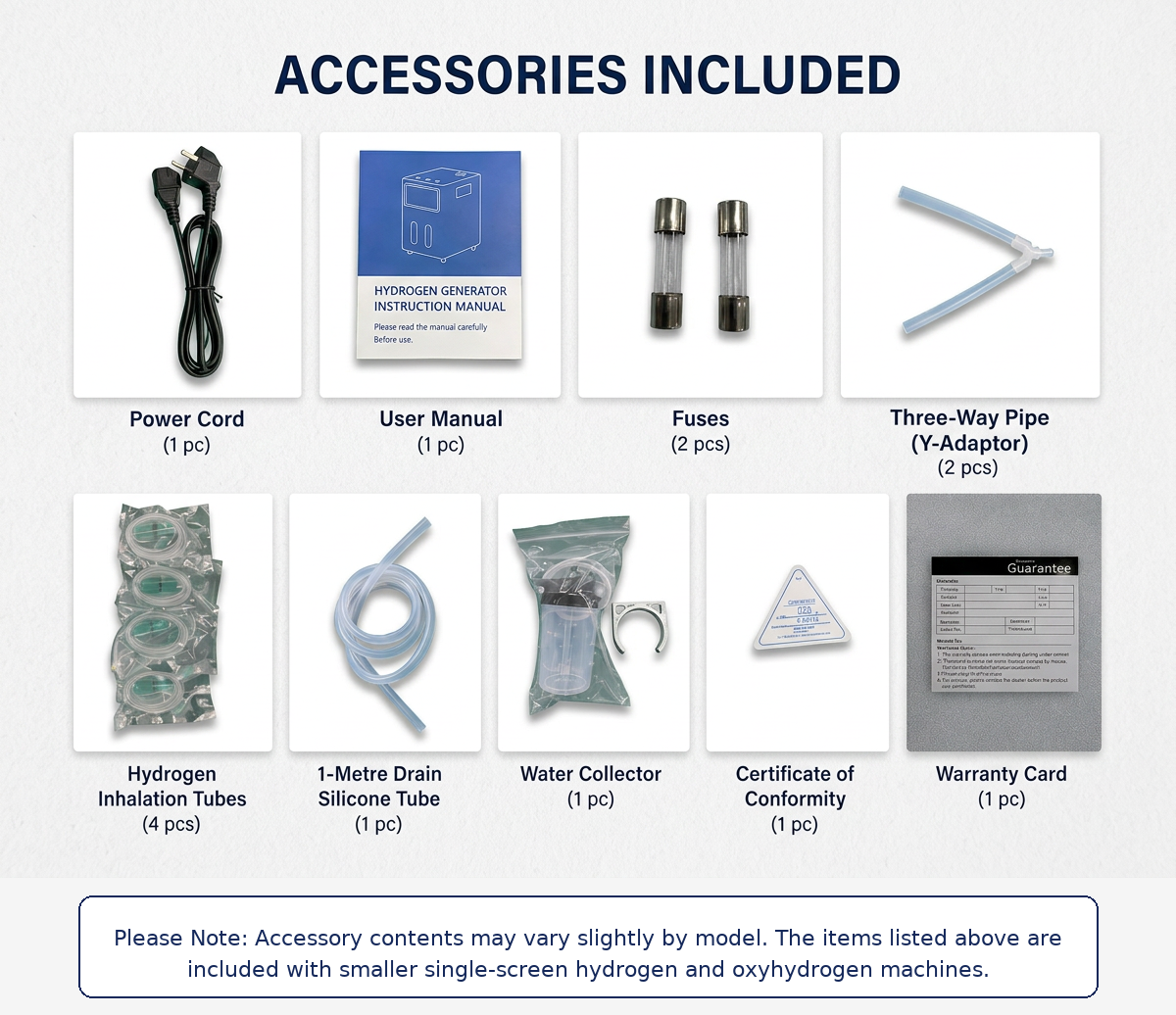 Accessories included with the hydrogen inhaler: power cord, user manual, fuses, three-way pipe (Y-adaptor), hydrogen inhalation tubes, 1-metre drain silicone tube, water collector, certificate of conformity, and warranty card.