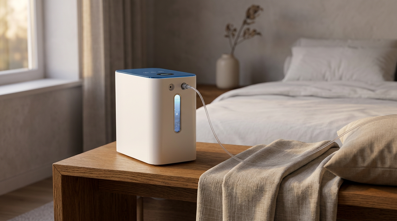 Hydrogen inhaler on a bedside table at dusk, cannula coiled across a linen throw