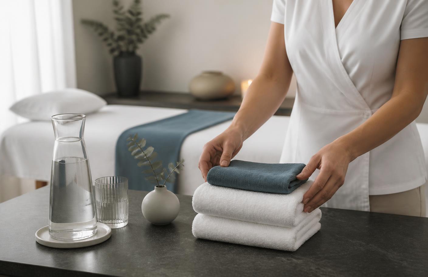 Practitioner workflow: clean linens and purified water prepared in a neutral treatment room