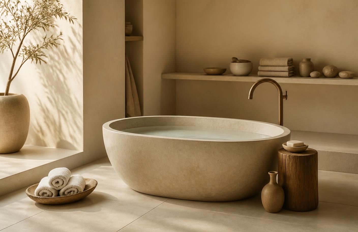 Spa bathing suite with a stone bath and folded towels in warm neutral light